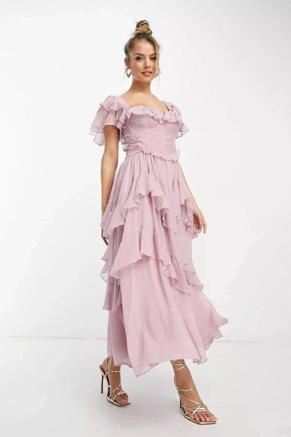 Chiffon Tiered Co-ord Set Corset Off Shoulder