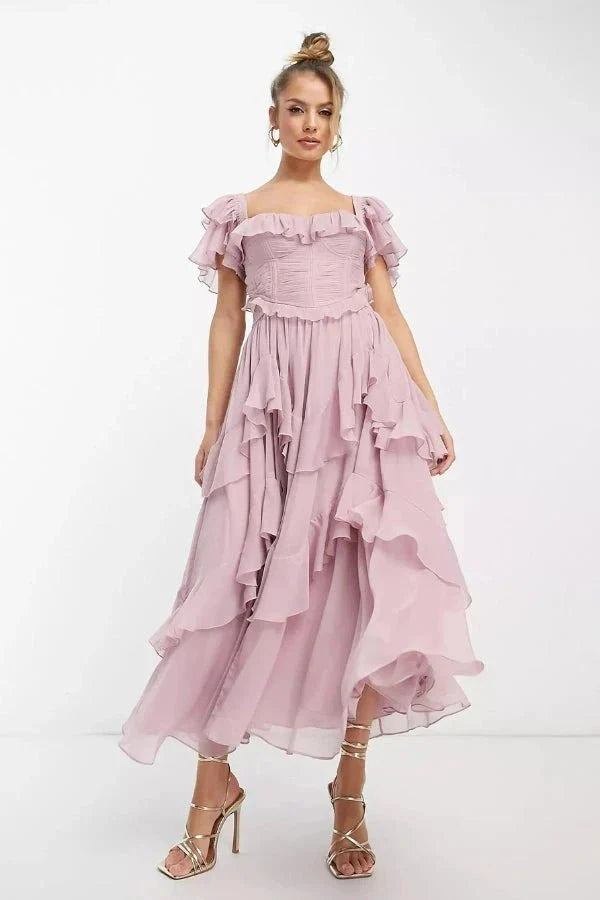Chiffon Tiered Co-ord Set Corset Off Shoulder