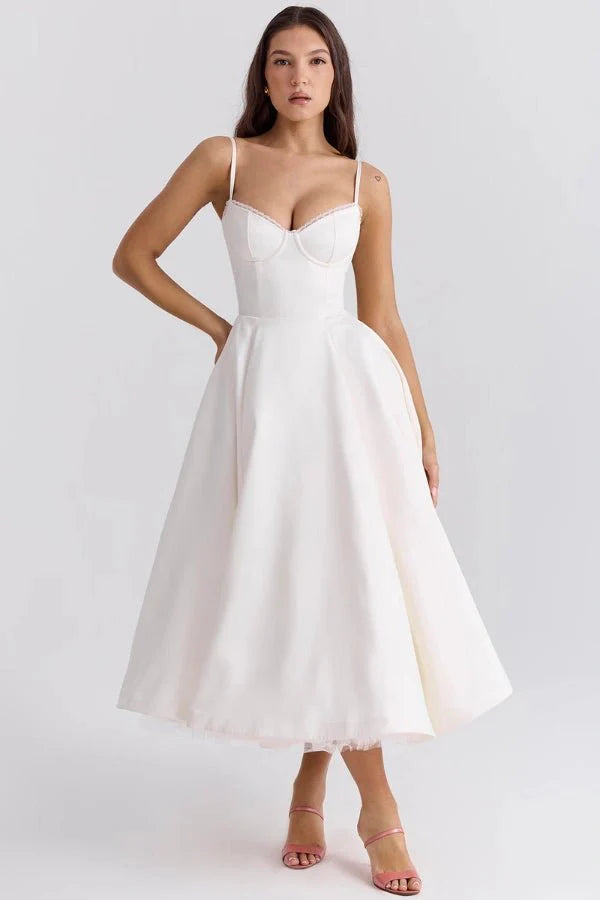 Satin Corset Tulle Skirt Midi Dress Women