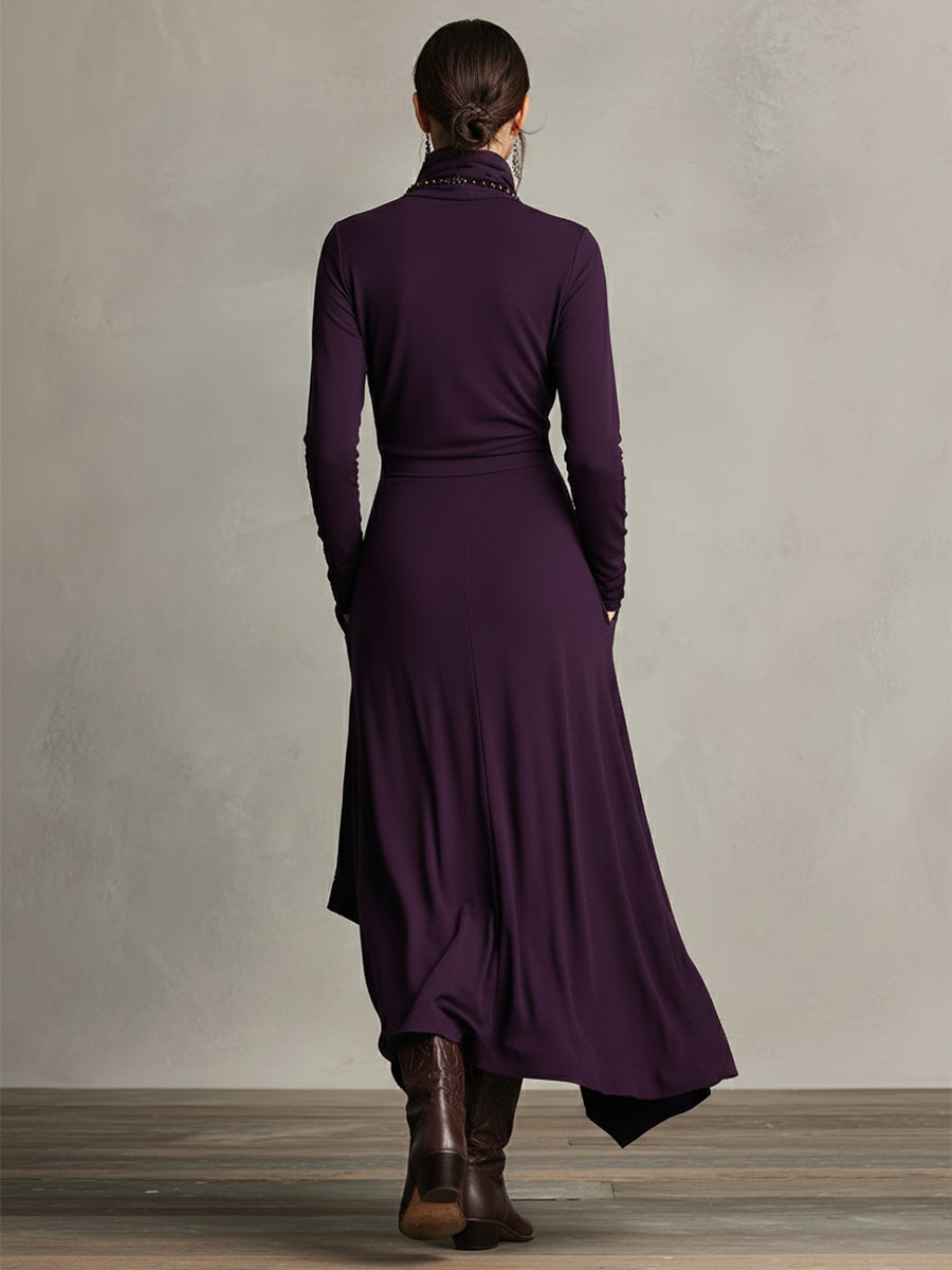 Boho Maxi Dress Women Turtleneck Asymmetric Draped Maxi Dress