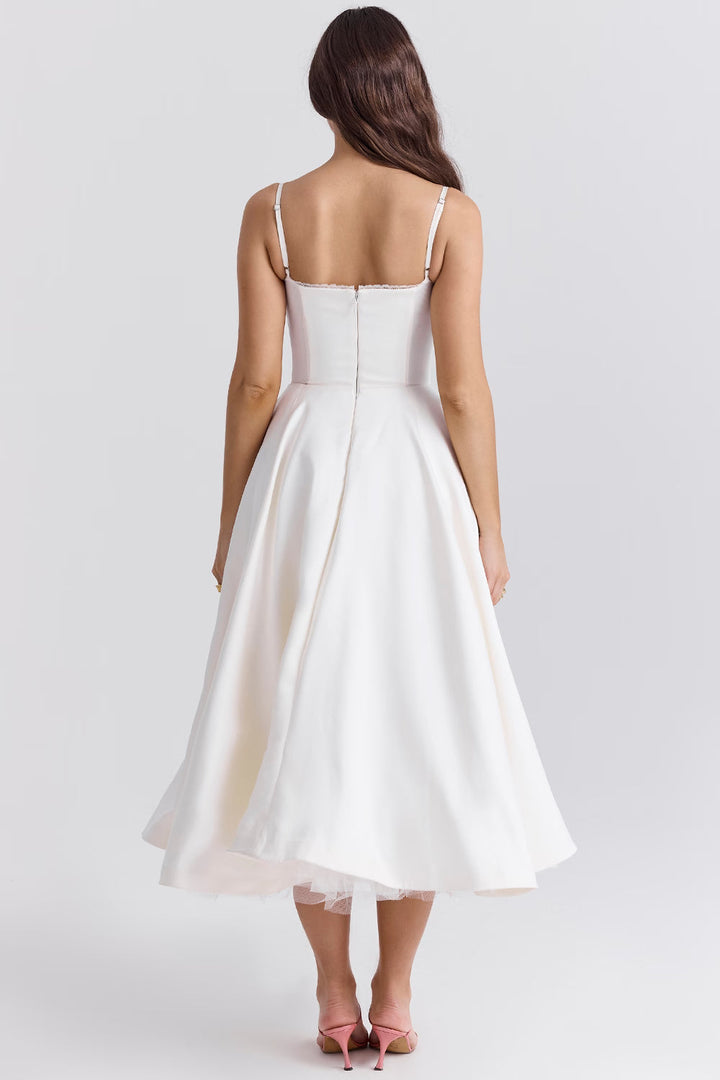 Satin Corset Tulle Skirt Midi Dress Women
