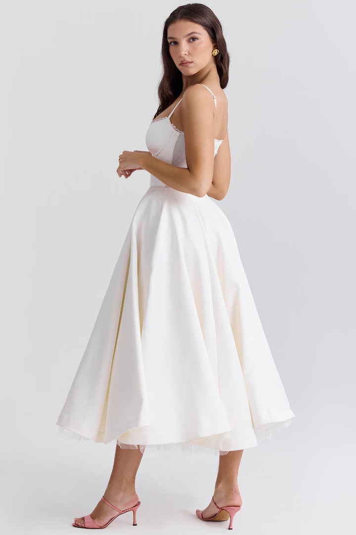 Satin Corset Tulle Skirt Midi Dress Women