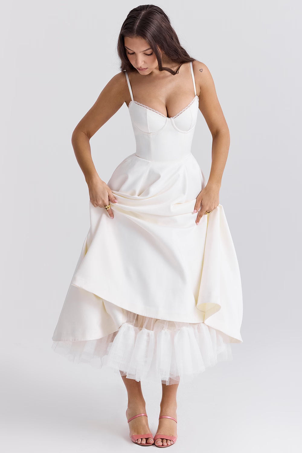 Satin Corset Tulle Skirt Midi Dress Women