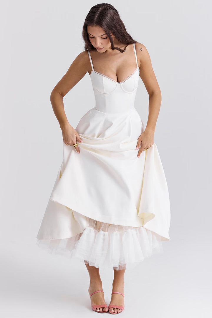 Satin Corset Tulle Skirt Midi Dress Women