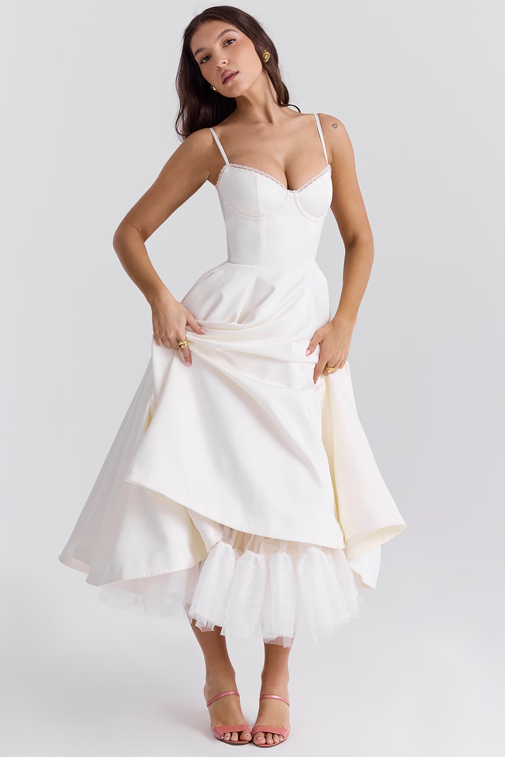 Satin Corset Tulle Skirt Midi Dress Women