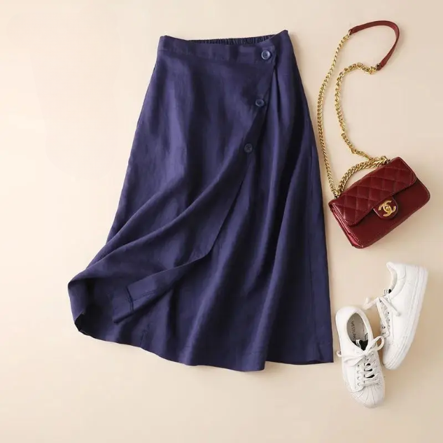 Womens A-Line Linen Blend Midi Skirt
