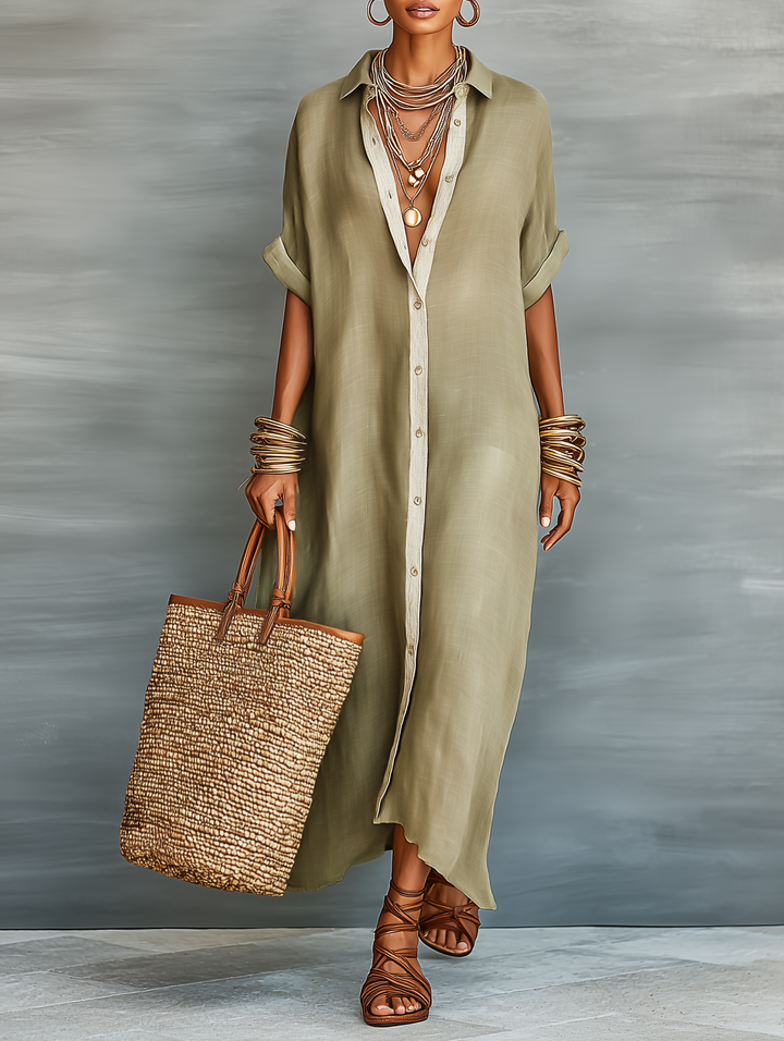 Linen Shirt Maxi Dress Women Short Sleeve Casual