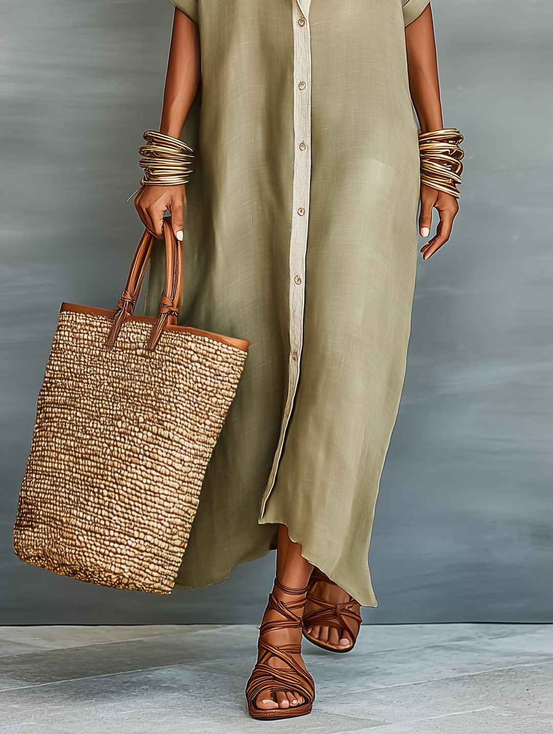 Linen Shirt Maxi Dress Women Short Sleeve Casual