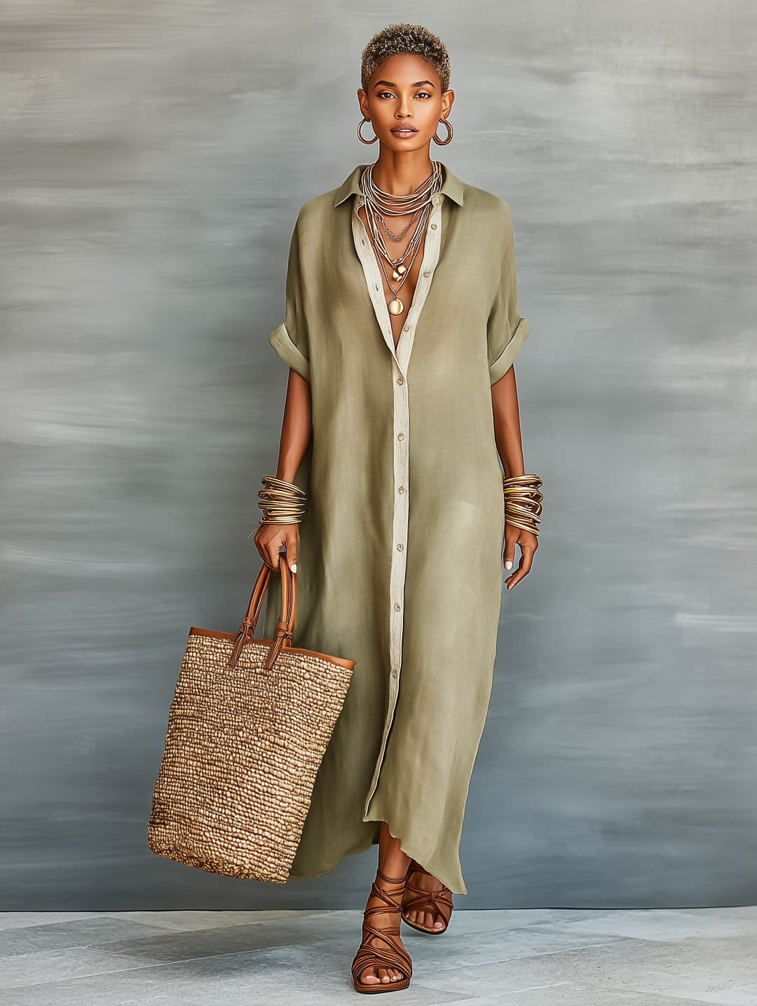 Linen Shirt Maxi Dress Women Short Sleeve Casual