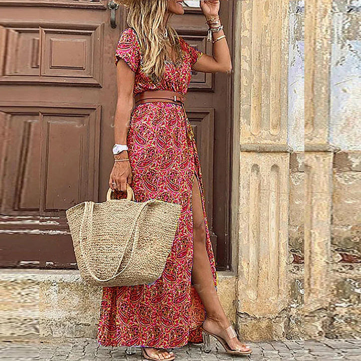 Boho Maxi Dress Women Gathered Waist Belted Flowy Breathable Summer