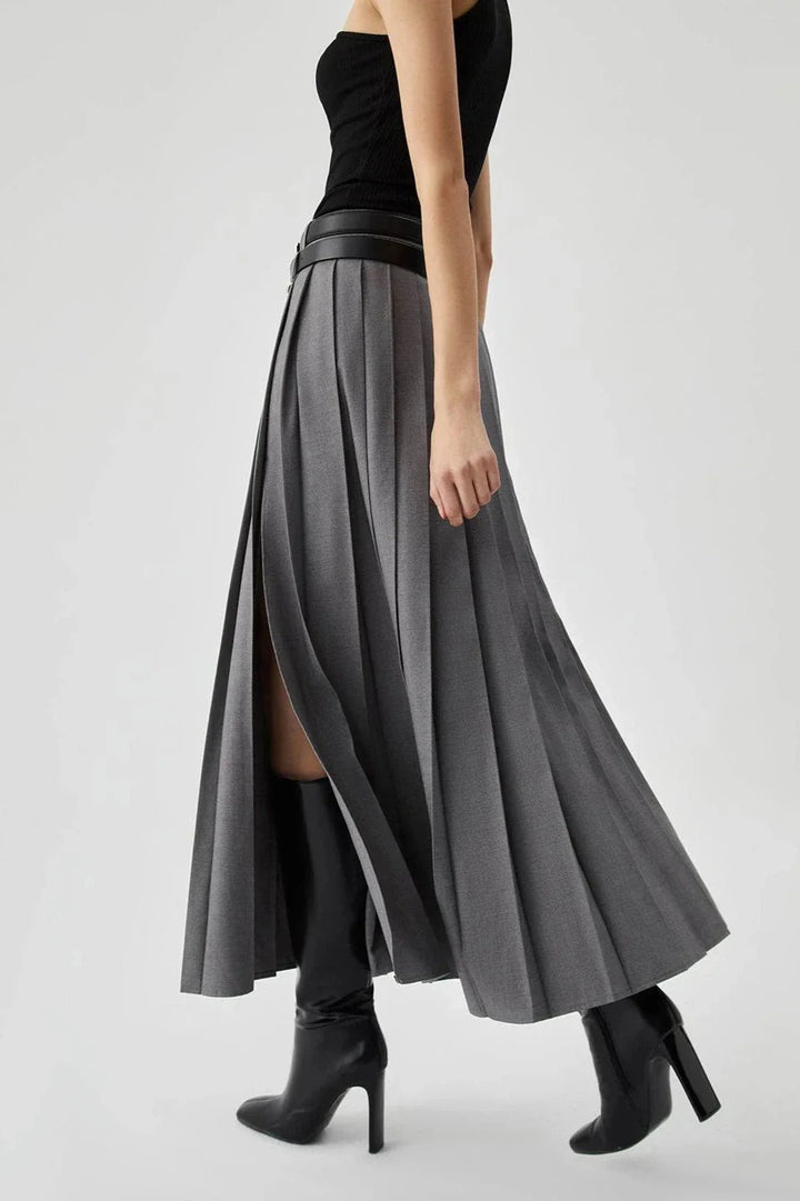 Pleated Split Maxi Skirt Women Elegant