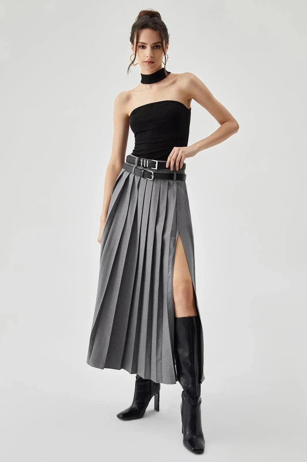 Pleated Split Maxi Skirt Women Elegant