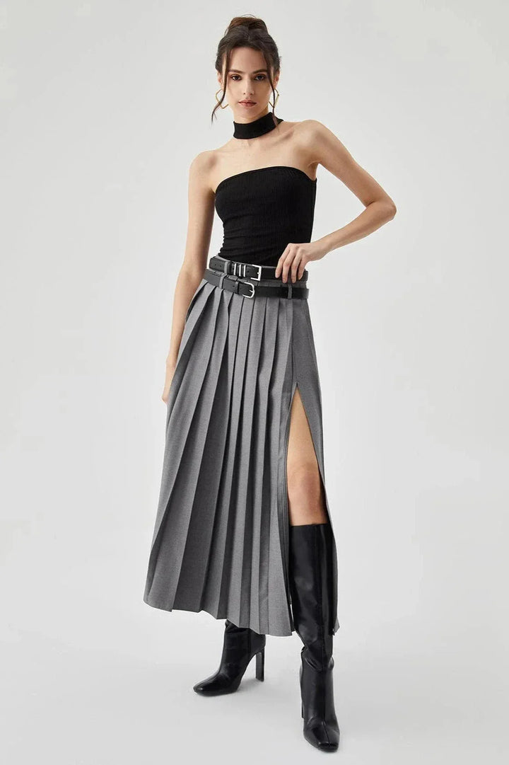 Pleated Split Maxi Skirt Women Elegant