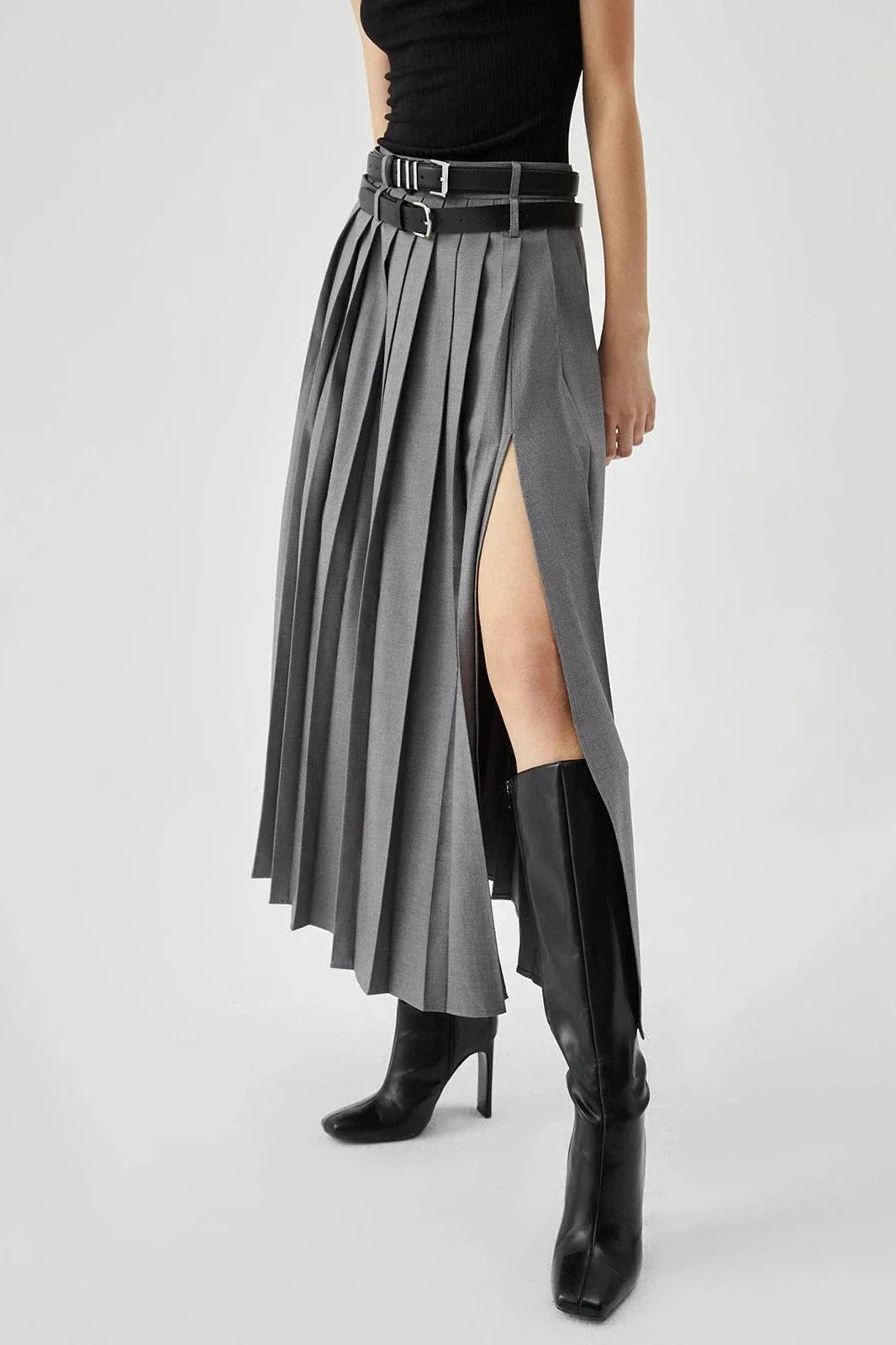 Pleated Split Maxi Skirt Women Elegant