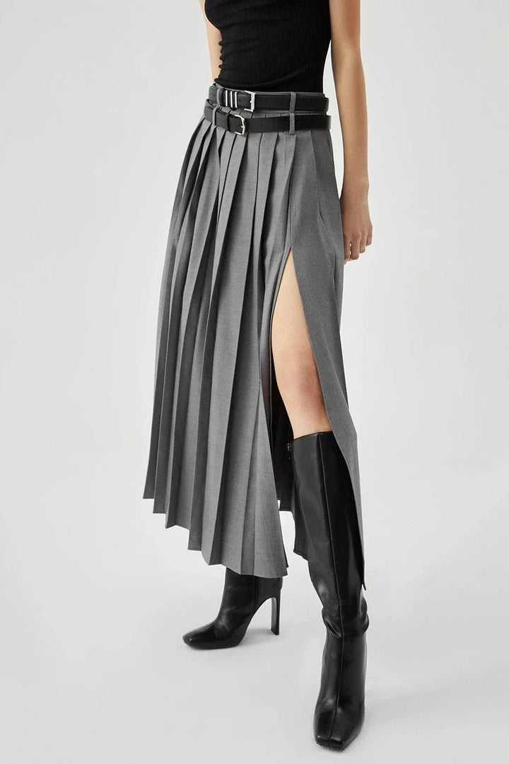 Pleated Split Maxi Skirt Women Elegant