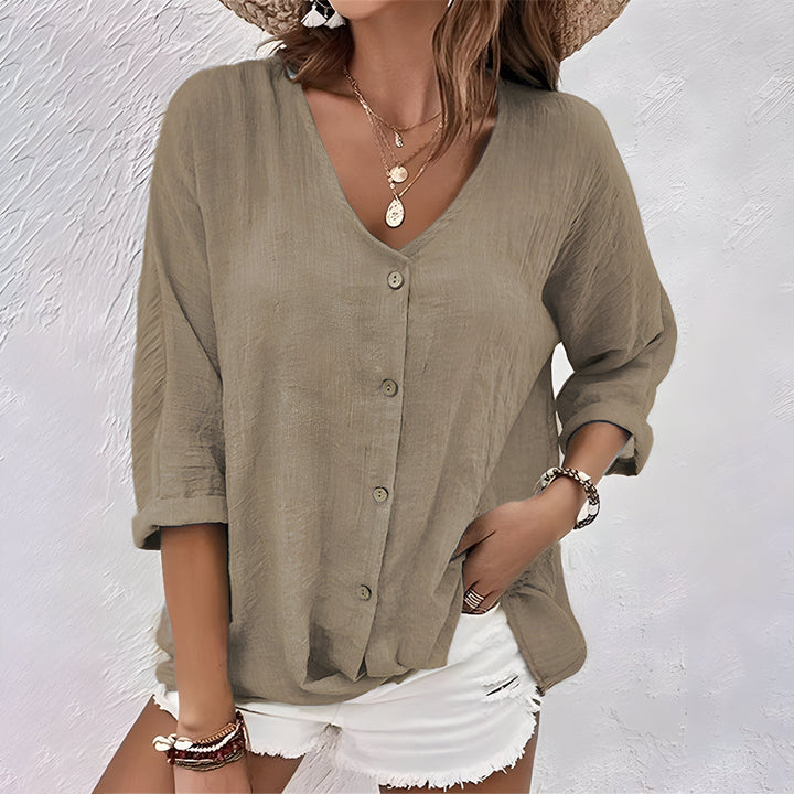 V-Neck Blouse Women Button Front Roll Sleeve Casual Summer Loose