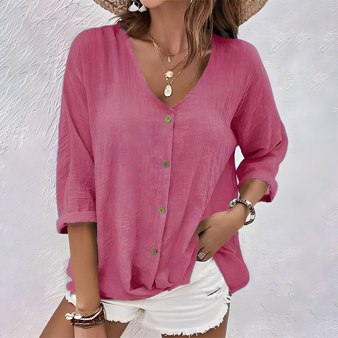 V-Neck Blouse Women Button Front Roll Sleeve Casual Summer Loose