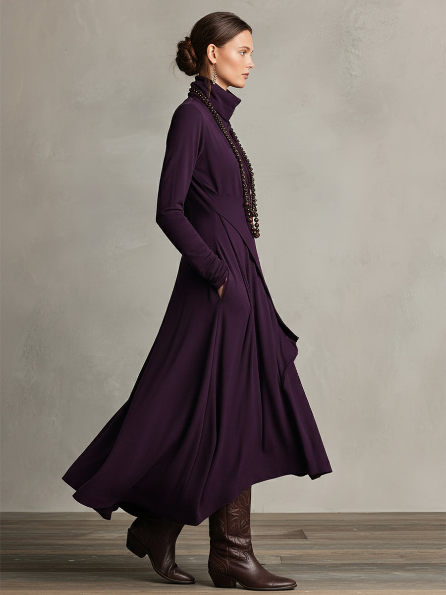 Boho Maxi Dress Women Turtleneck Asymmetric Draped Maxi Dress