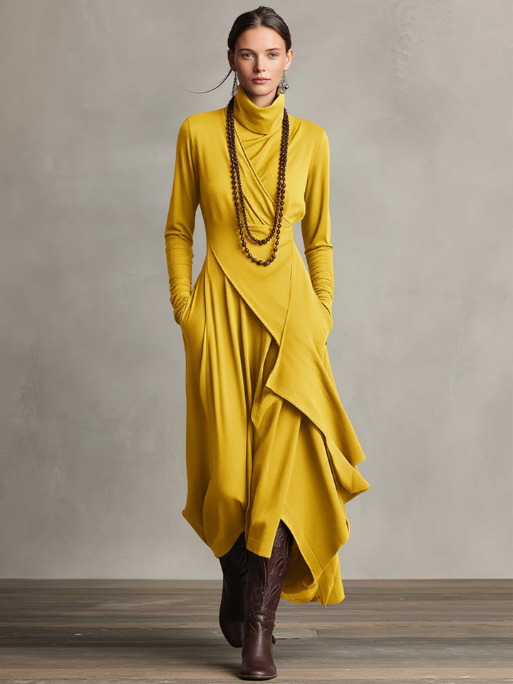 Boho Maxi Dress Women Turtleneck Asymmetric Draped Maxi Dress